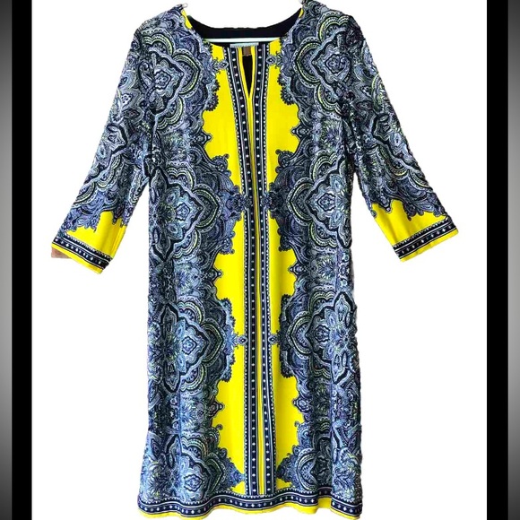 NWOT Sandra Darren Mod Yellow & Blue 3/4 Sleeve Shift Dress Size Large Boho - Picture 1 of 5